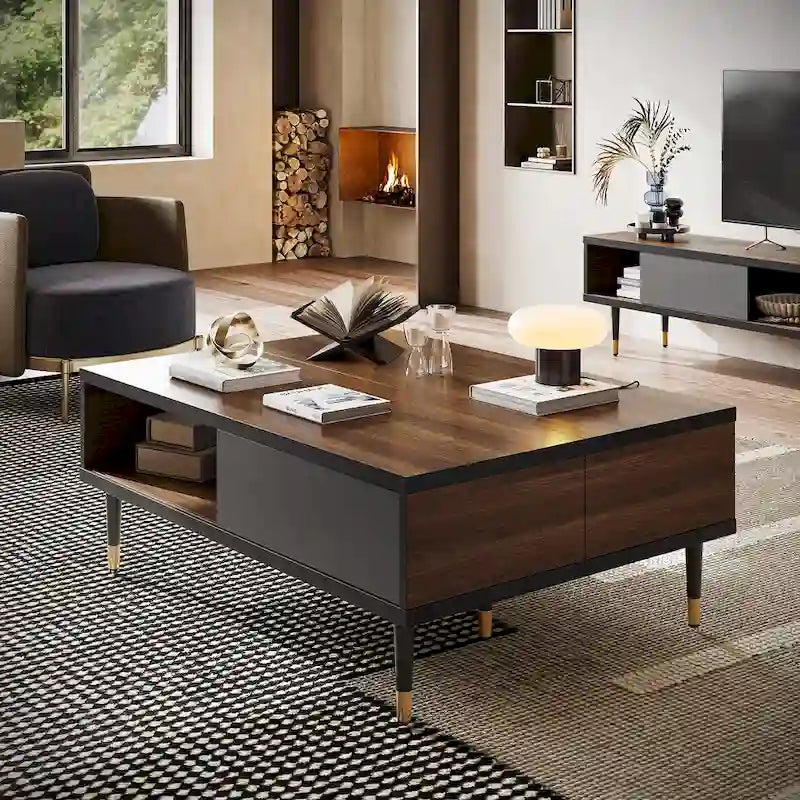 Meuble TV pour téléviseurs de 85 pouces, centre de divertissement avec rangements et portes coulissantes, long meuble média 2-en-1 pour salon