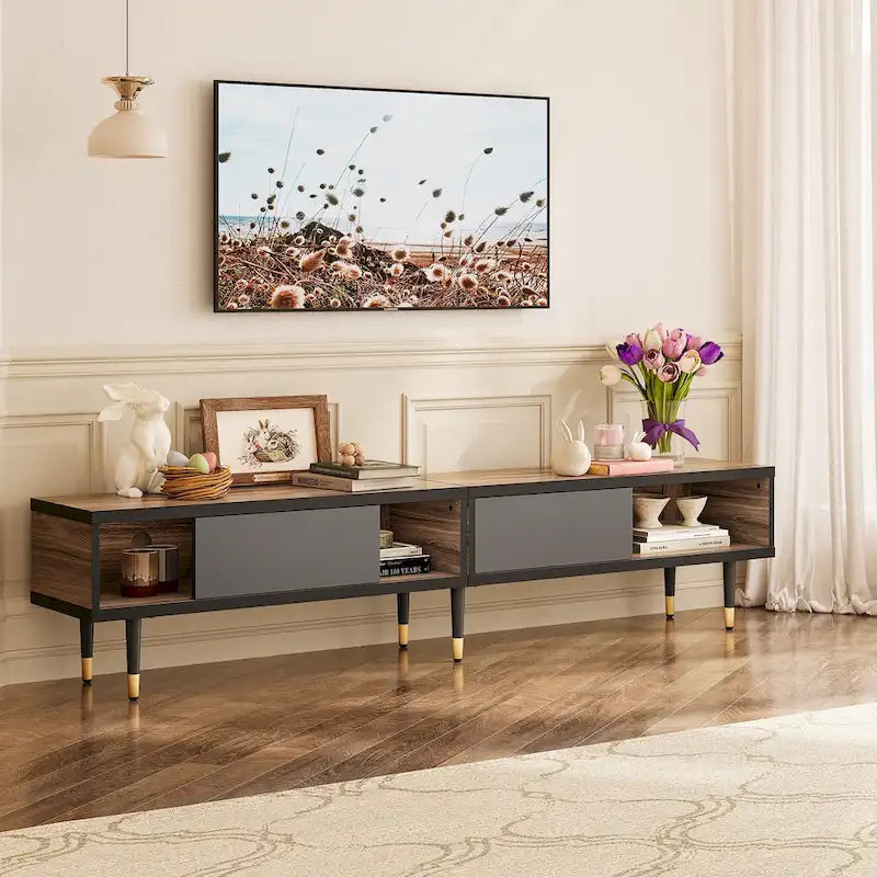 Meuble TV pour téléviseurs de 85 pouces, centre de divertissement avec rangements et portes coulissantes, long meuble média 2-en-1 pour salon