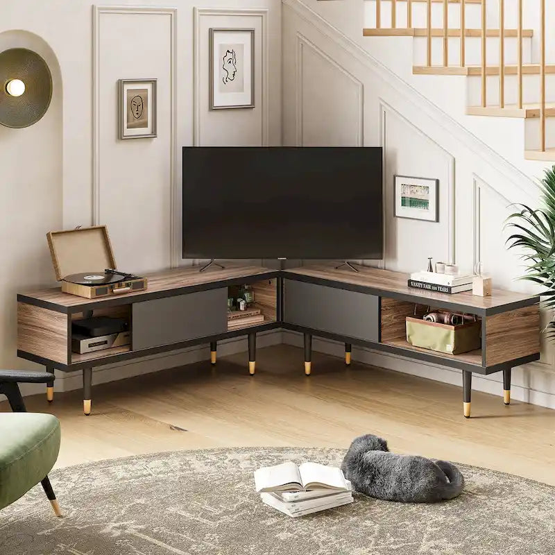 Meuble TV pour téléviseurs de 85 pouces, centre de divertissement avec rangements et portes coulissantes, long meuble média 2-en-1 pour salon