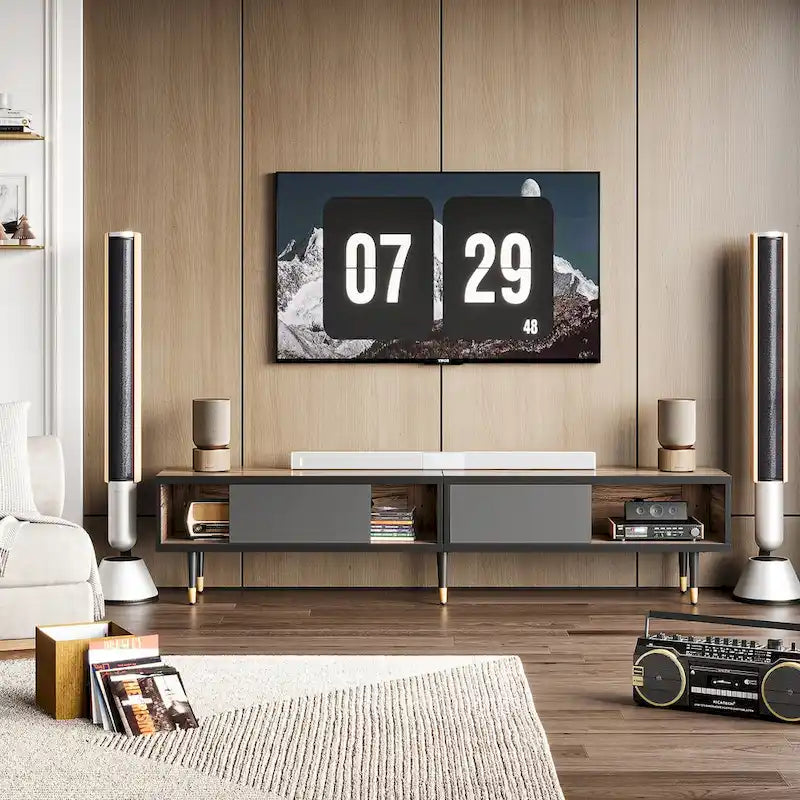 Meuble TV pour téléviseurs de 85 pouces, centre de divertissement avec rangements et portes coulissantes, long meuble média 2-en-1 pour salon