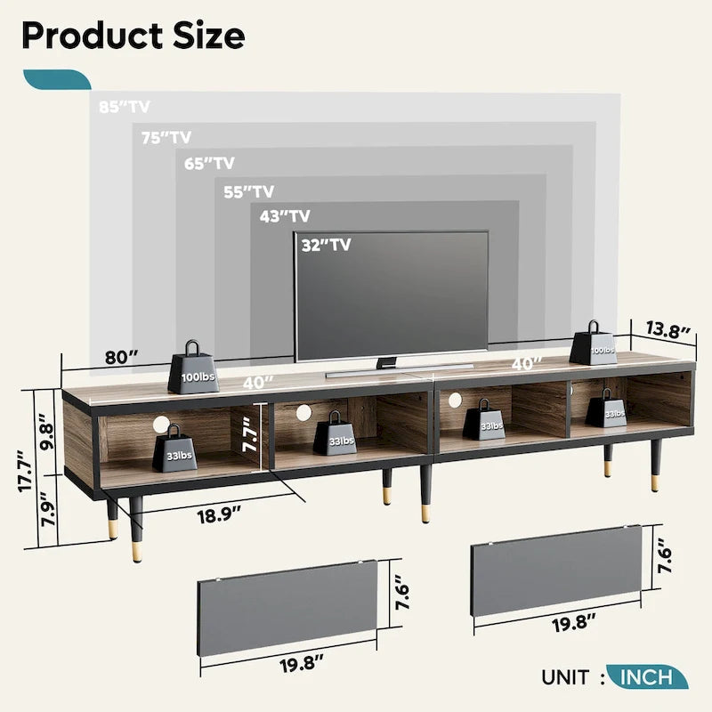 Meuble TV pour téléviseurs de 85 pouces, centre de divertissement avec rangements et portes coulissantes, long meuble média 2-en-1 pour salon