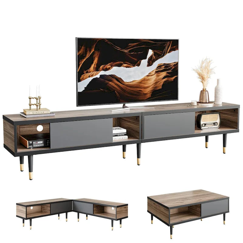 Meuble TV pour téléviseurs de 85 pouces, centre de divertissement avec rangements et portes coulissantes, long meuble média 2-en-1 pour salon