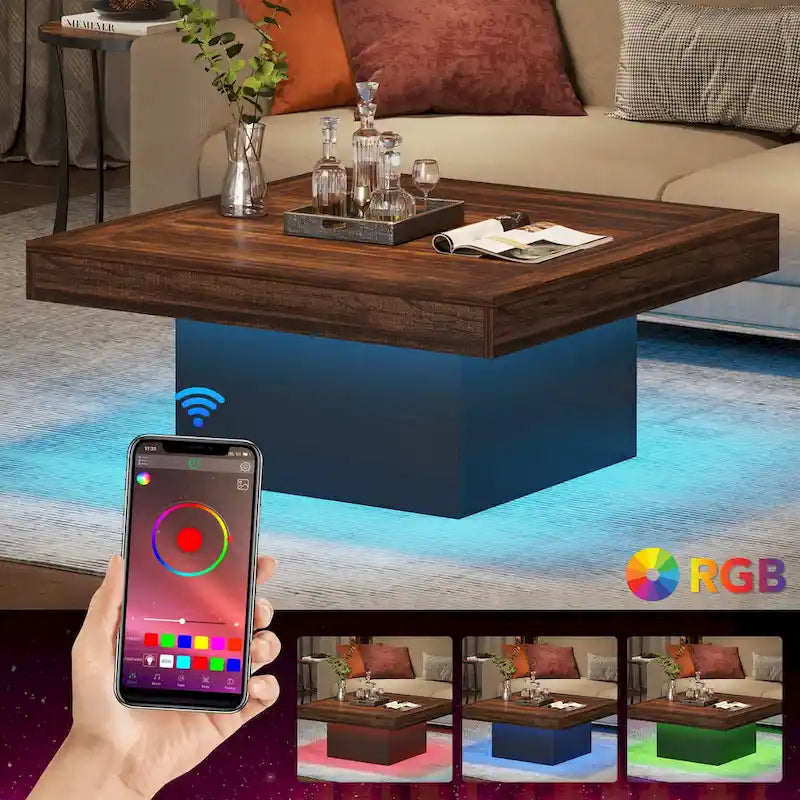 Table basse carrée à LED avec lumière USB réglable
