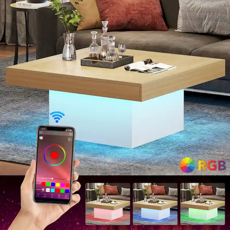 Table basse carrée à LED avec lumière USB réglable