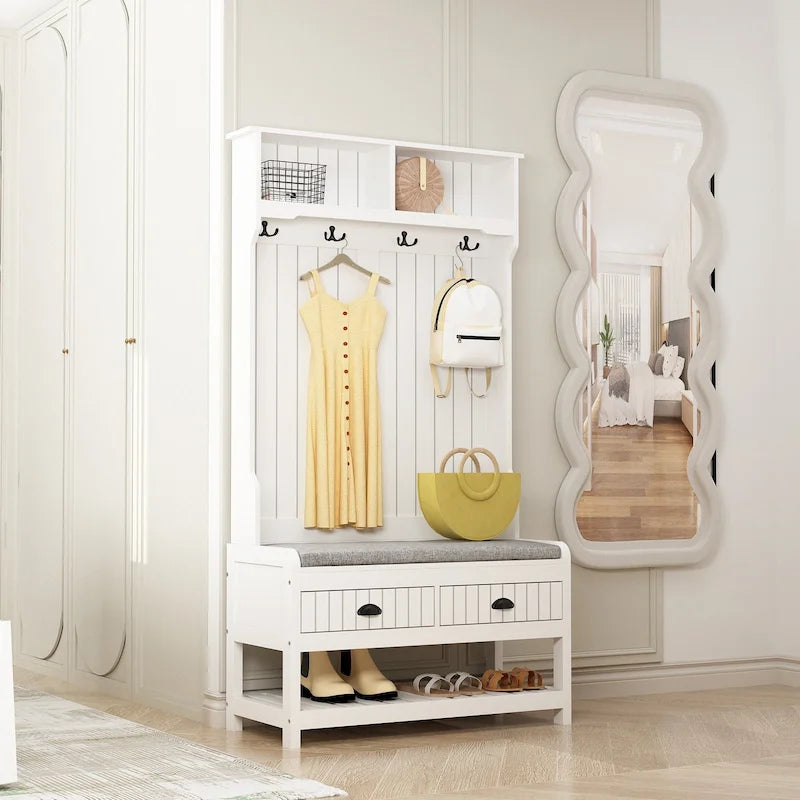 68.5" Hall Tree with Bench and Shoe Storage | White / Black / Grey
