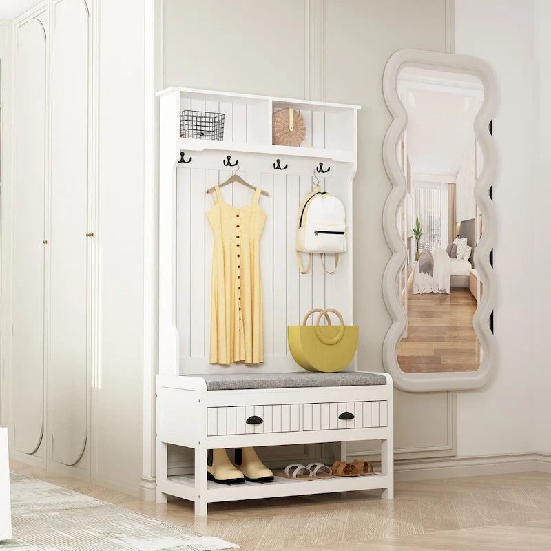 68.5" Hall Tree with Bench and Shoe Storage | White / Black / Grey