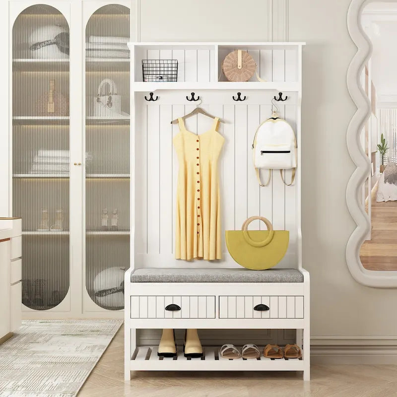 68.5" Hall Tree with Bench and Shoe Storage | White / Black / Grey
