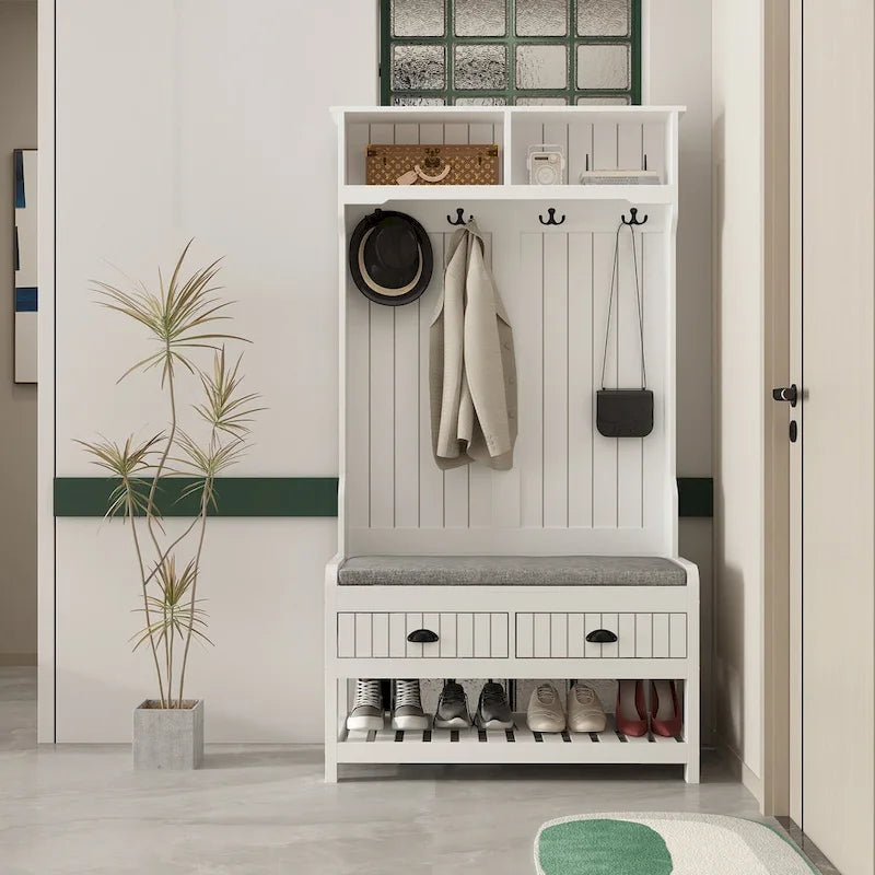 68.5" Hall Tree with Bench and Shoe Storage | White / Black / Grey
