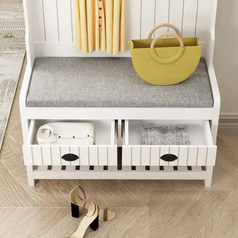 68.5" Hall Tree with Bench and Shoe Storage | White / Black / Grey