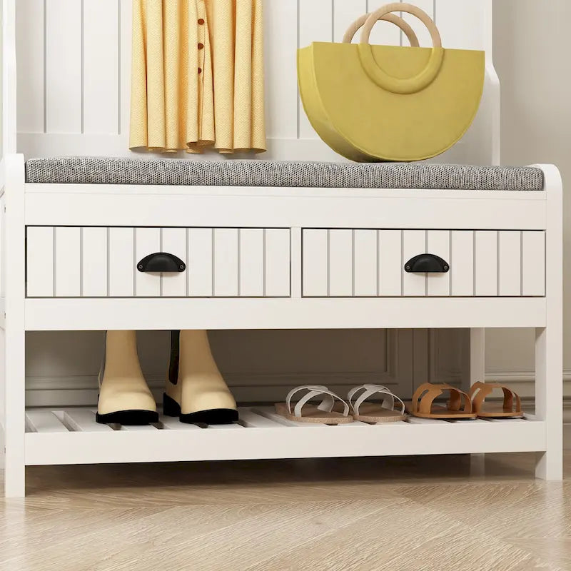 68.5" Hall Tree with Bench and Shoe Storage | White / Black / Grey