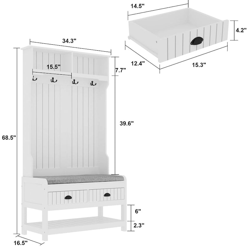 68.5" Hall Tree with Bench and Shoe Storage | White / Black / Grey