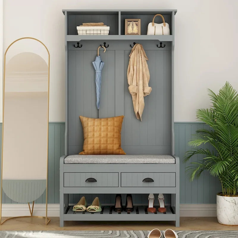 68.5" Hall Tree with Bench and Shoe Storage | White / Black / Grey