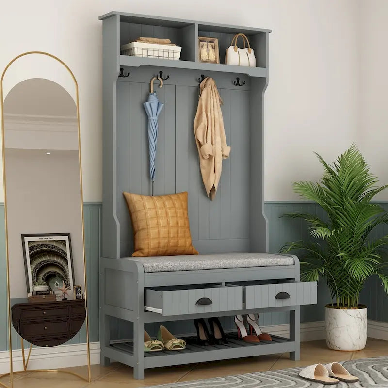 68.5" Hall Tree with Bench and Shoe Storage | White / Black / Grey