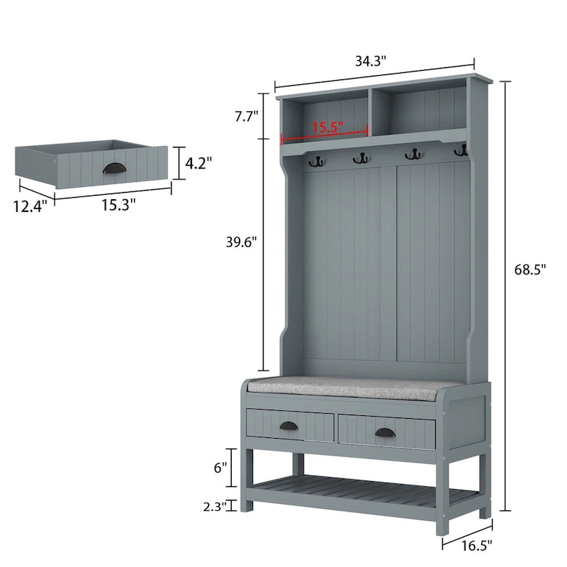68.5" Hall Tree with Bench and Shoe Storage | White / Black / Grey
