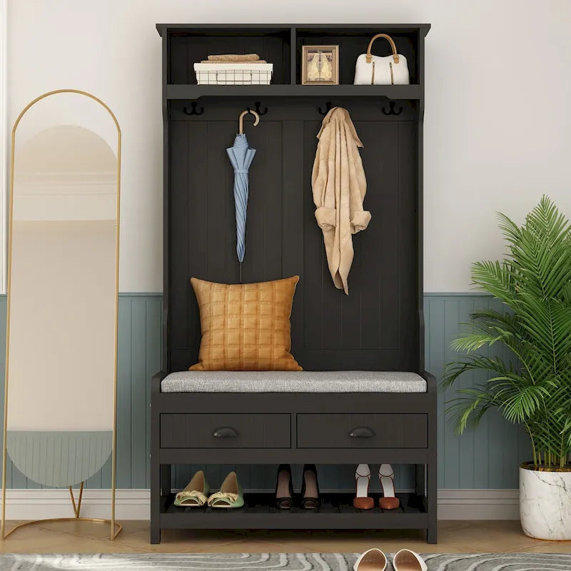 68.5" Hall Tree with Bench and Shoe Storage | White / Black / Grey