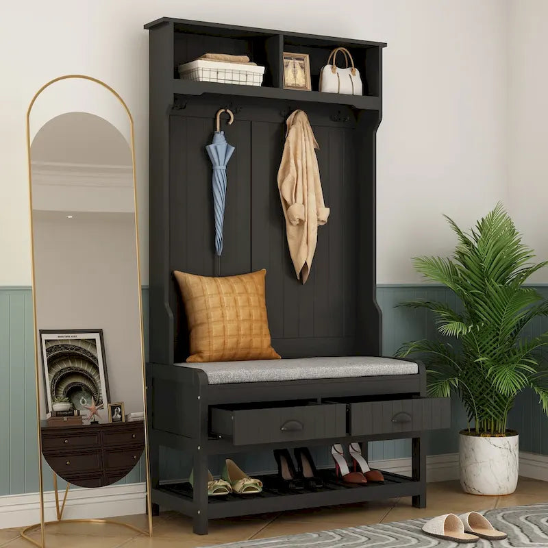 68.5" Hall Tree with Bench and Shoe Storage | White / Black / Grey