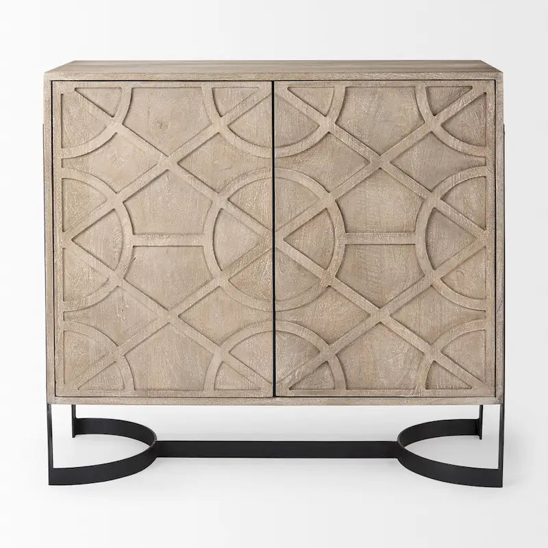 Light Brown Solid Wood with Black Metal Frame 2 Door Accent Cabinet