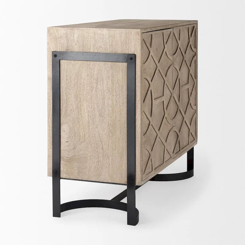 Light Brown Solid Wood with Black Metal Frame 2 Door Accent Cabinet