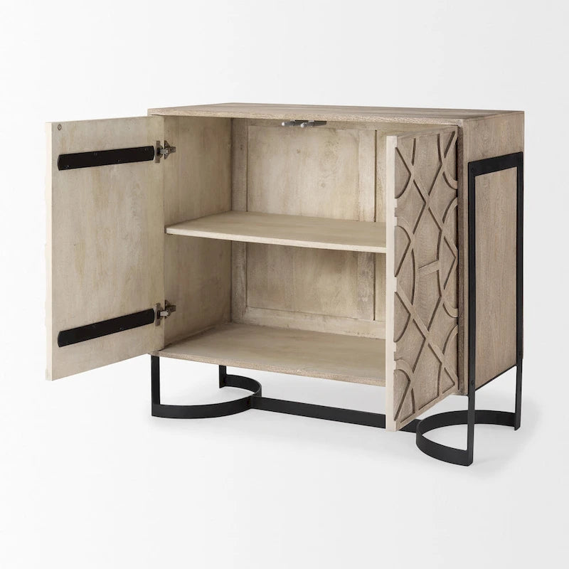 Light Brown Solid Wood with Black Metal Frame 2 Door Accent Cabinet
