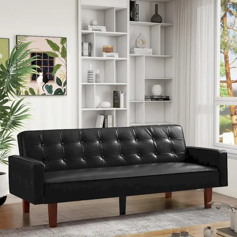 Convertible Futon Sofa Bed with Faux Leather Loveseat
