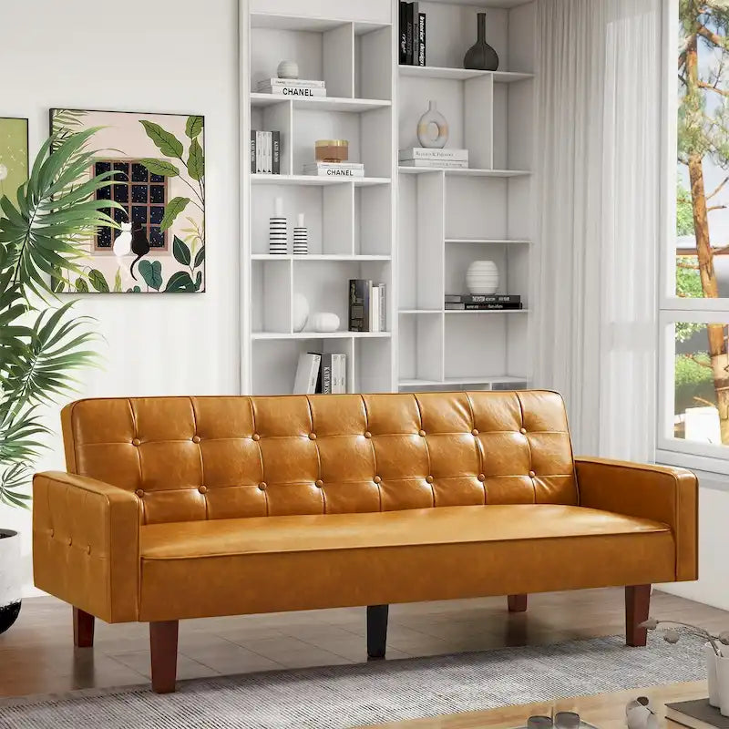 Convertible Futon Sofa Bed with Faux Leather Loveseat