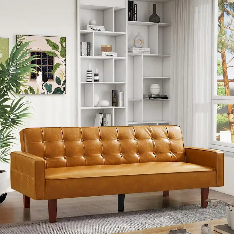 Convertible Futon Sofa Bed with Faux Leather Loveseat