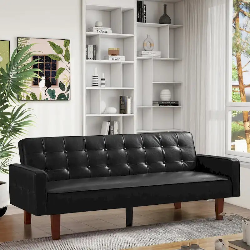 Convertible Futon Sofa Bed with Faux Leather Loveseat