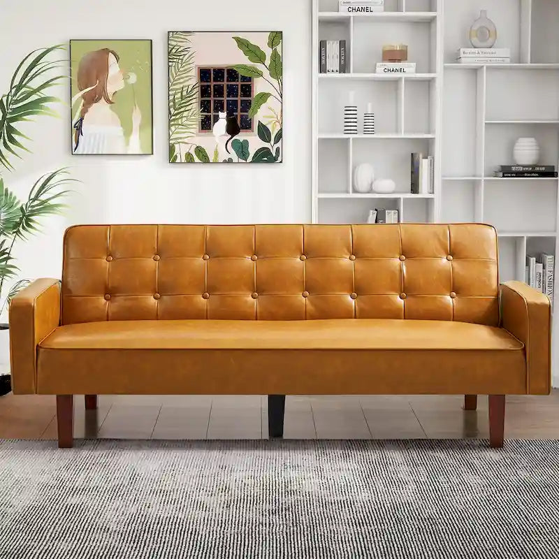 Convertible Futon Sofa Bed with Faux Leather Loveseat