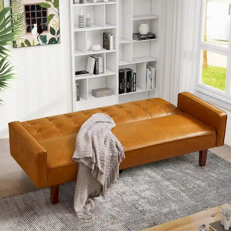 Convertible Futon Sofa Bed with Faux Leather Loveseat