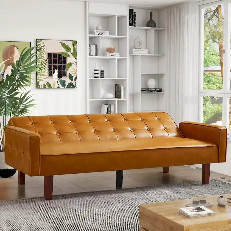 Convertible Futon Sofa Bed with Faux Leather Loveseat