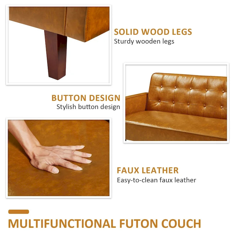 Convertible Futon Sofa Bed with Faux Leather Loveseat