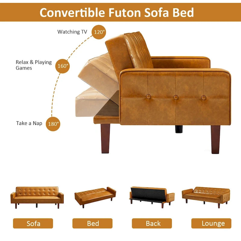 Convertible Futon Sofa Bed with Faux Leather Loveseat