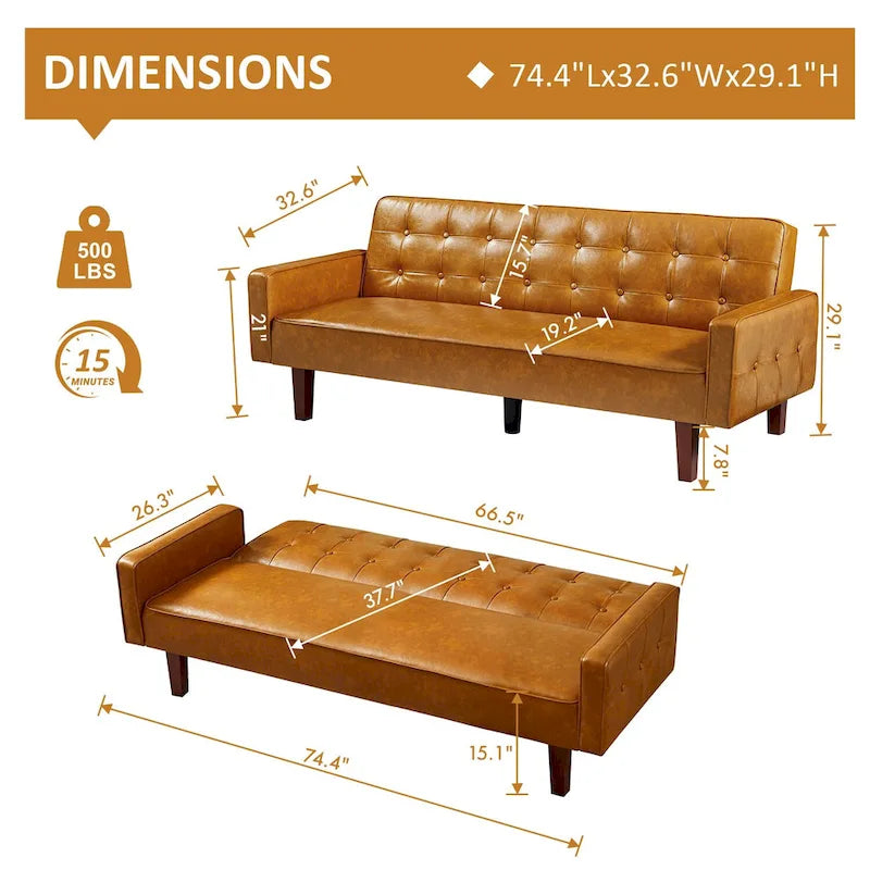 Convertible Futon Sofa Bed with Faux Leather Loveseat