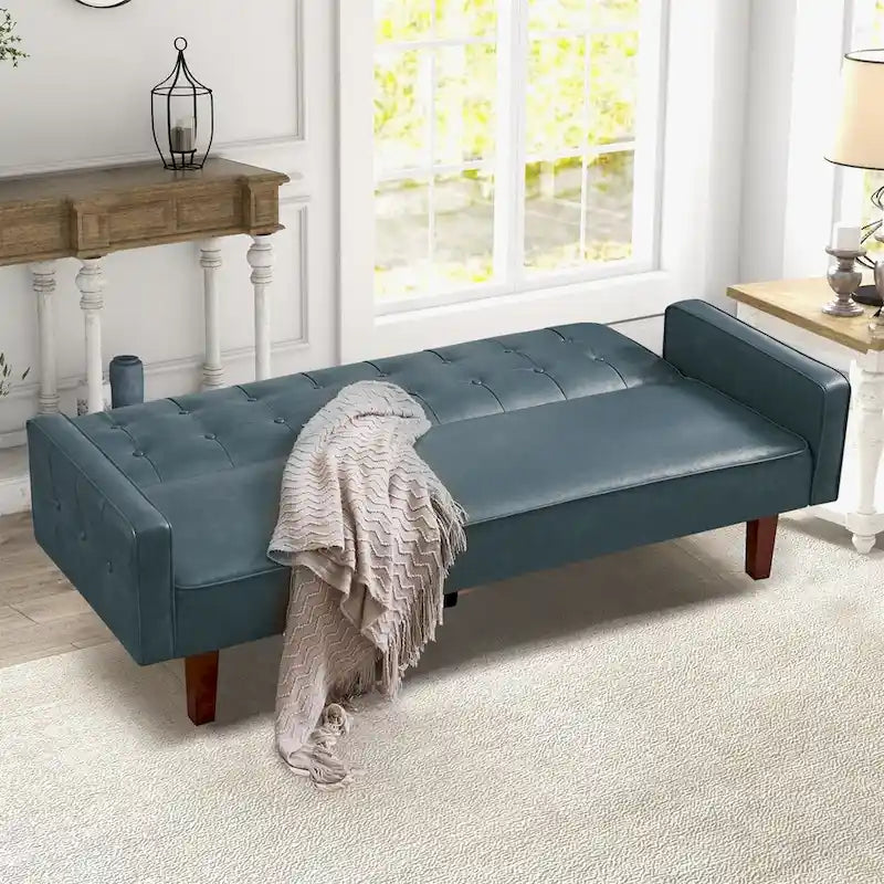 Convertible Futon Sofa Bed with Faux Leather Loveseat