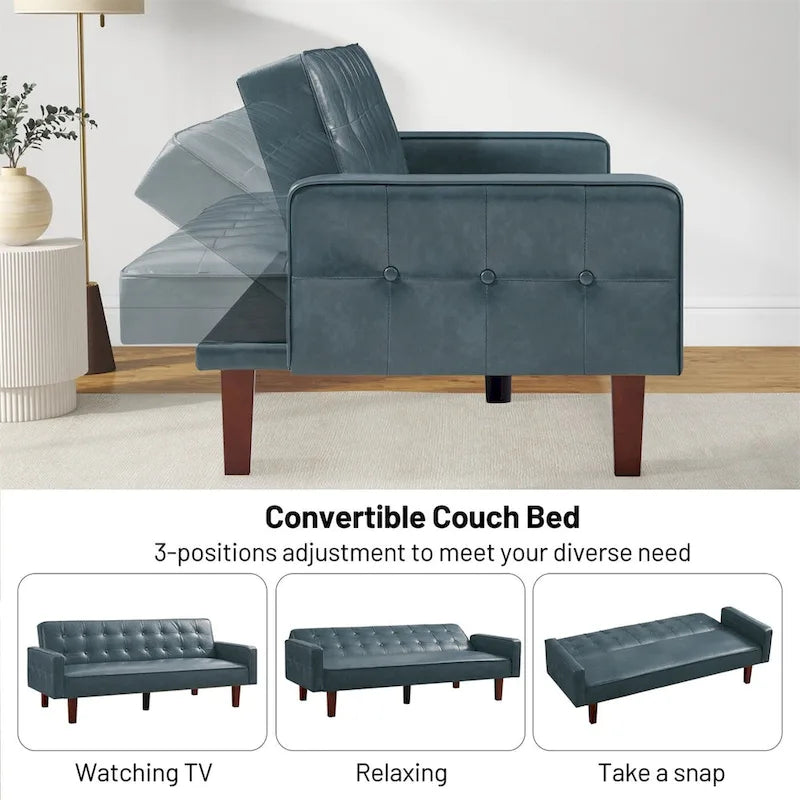 Convertible Futon Sofa Bed with Faux Leather Loveseat
