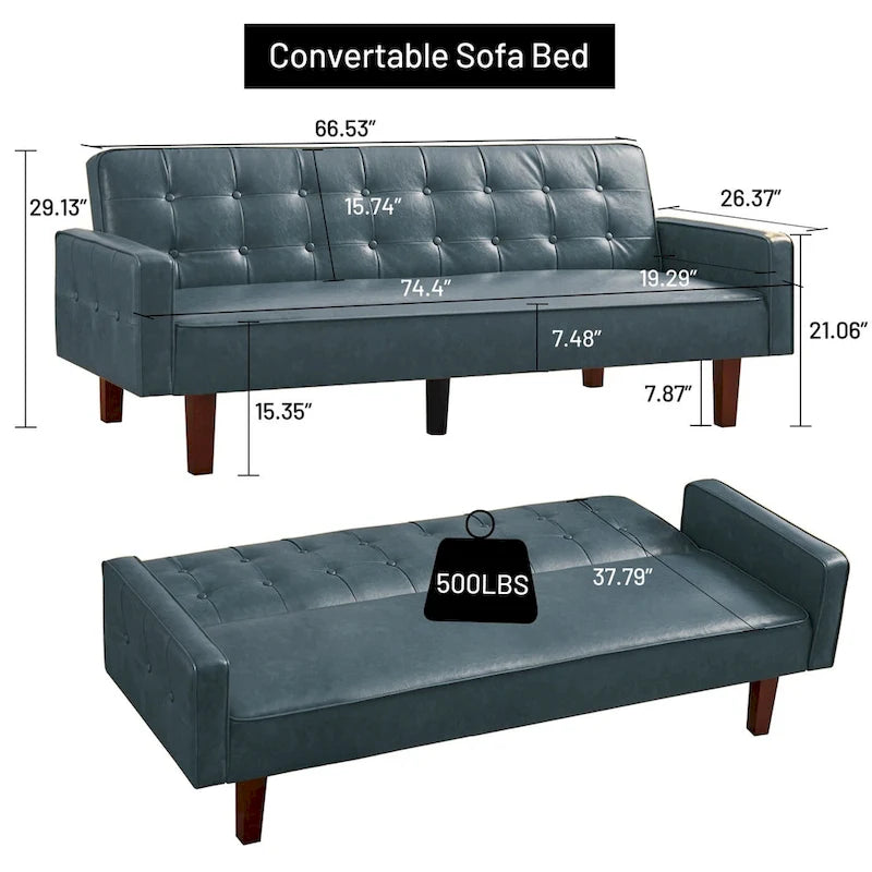 Convertible Futon Sofa Bed with Faux Leather Loveseat