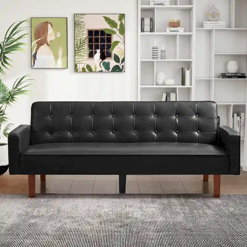 Convertible Futon Sofa Bed with Faux Leather Loveseat