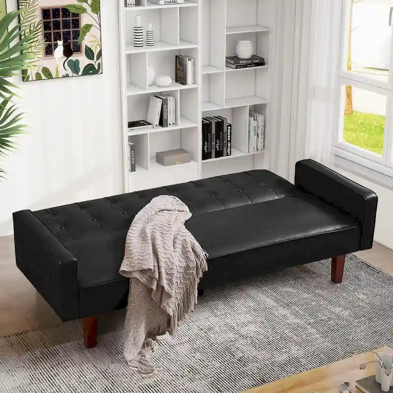 Convertible Futon Sofa Bed with Faux Leather Loveseat