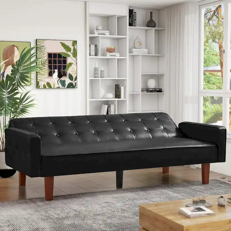 Convertible Futon Sofa Bed with Faux Leather Loveseat