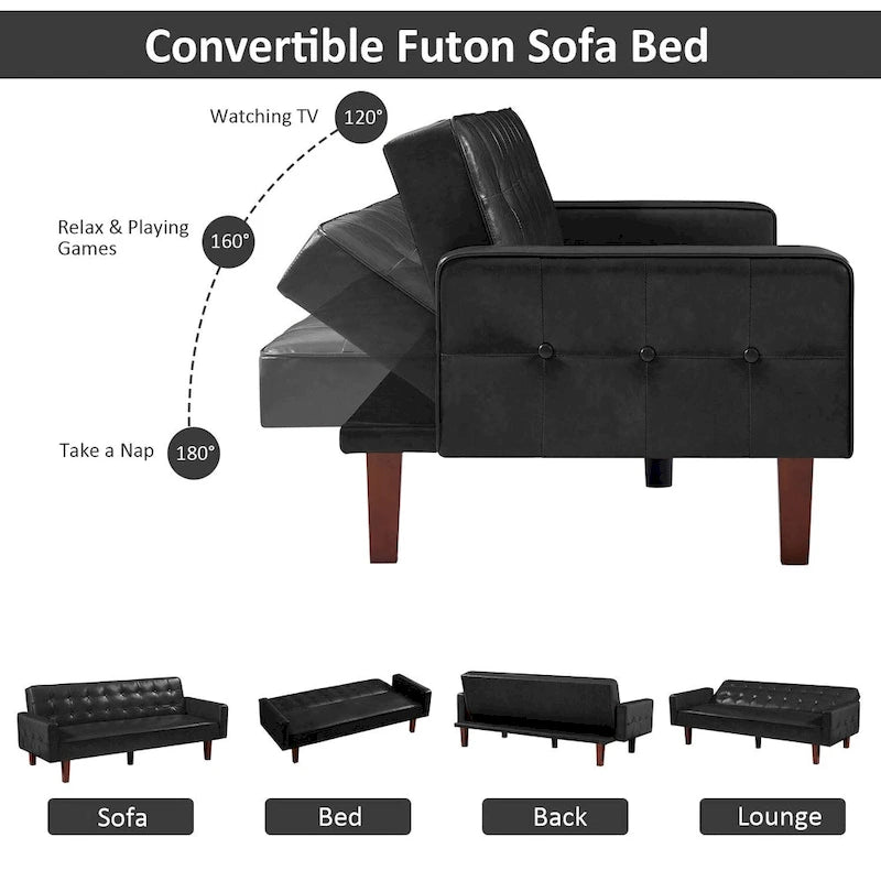 Convertible Futon Sofa Bed with Faux Leather Loveseat