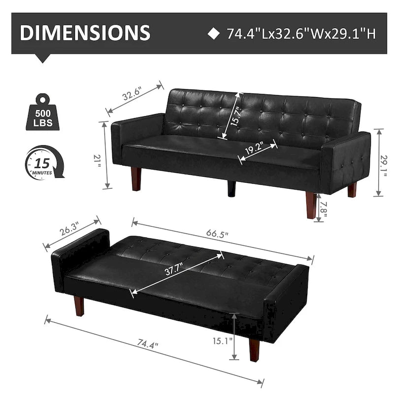 Convertible Futon Sofa Bed with Faux Leather Loveseat