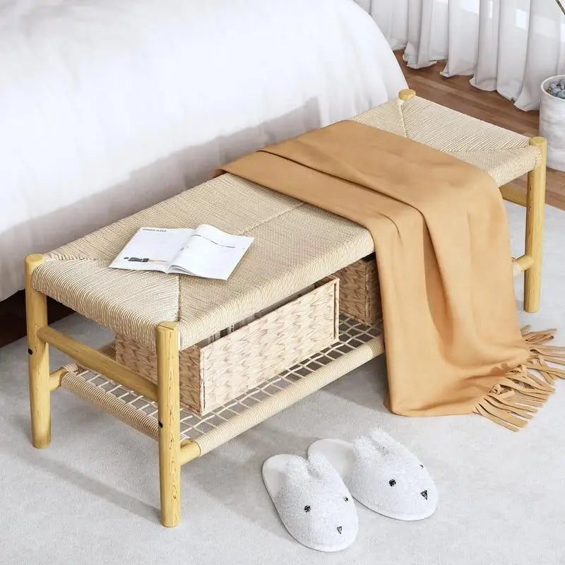 Solid Wood Entryway Bench with Hand Woven Rope Design and Storage Baskets