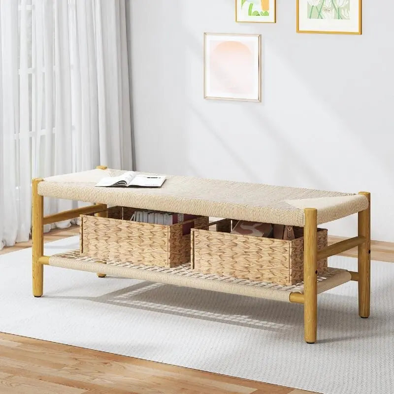 Banc d'entrée en bois massif avec design en corde tressée à la main et paniers de rangement