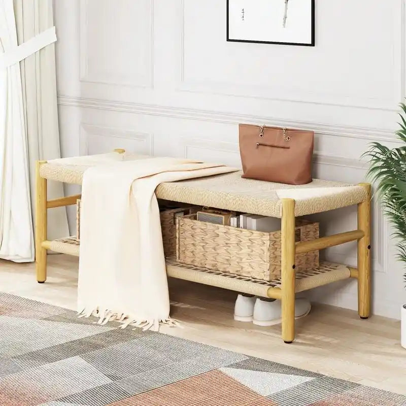 Banc d'entrée en bois massif avec design en corde tressée à la main et paniers de rangement