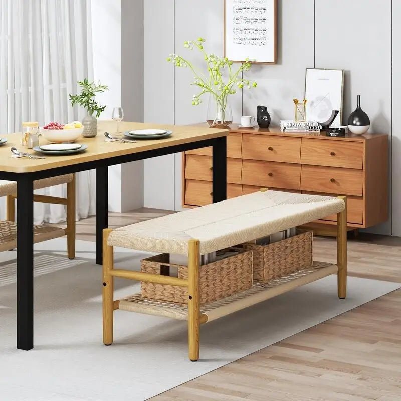 Banc d'entrée en bois massif avec design en corde tressée à la main et paniers de rangement