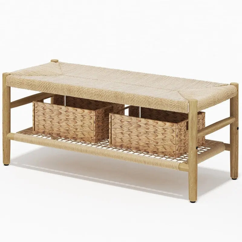 Solid Wood Entryway Bench with Hand Woven Rope Design and Storage Baskets
