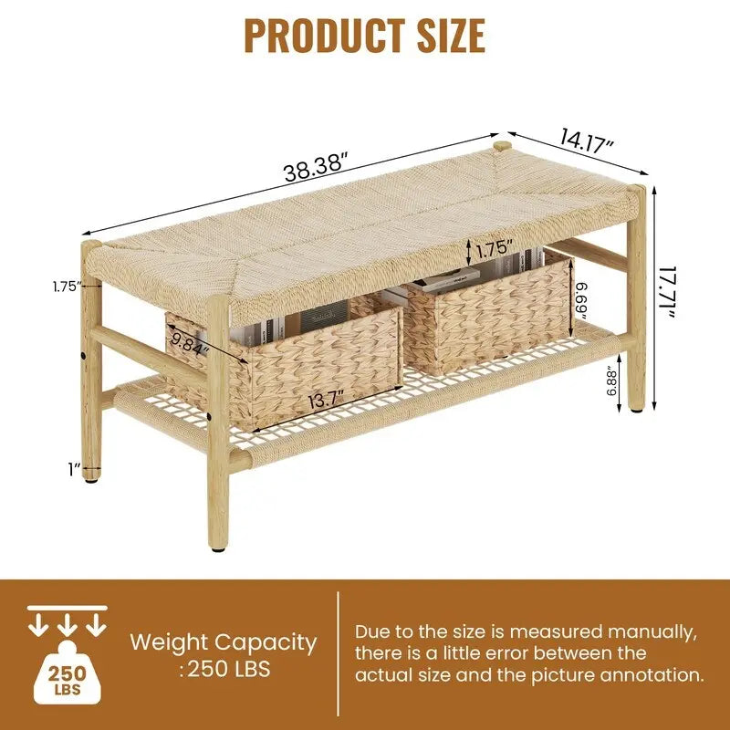 Banc d'entrée en bois massif avec design en corde tressée à la main et paniers de rangement