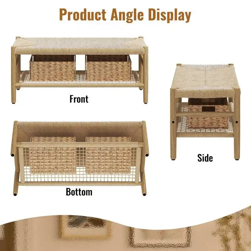 Banc d'entrée en bois massif avec design en corde tressée à la main et paniers de rangement