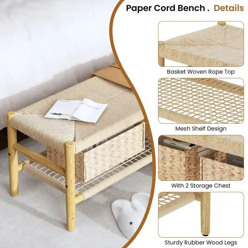 Banc d'entrée en bois massif avec design en corde tressée à la main et paniers de rangement
