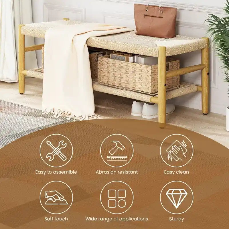 Banc d'entrée en bois massif avec design en corde tressée à la main et paniers de rangement